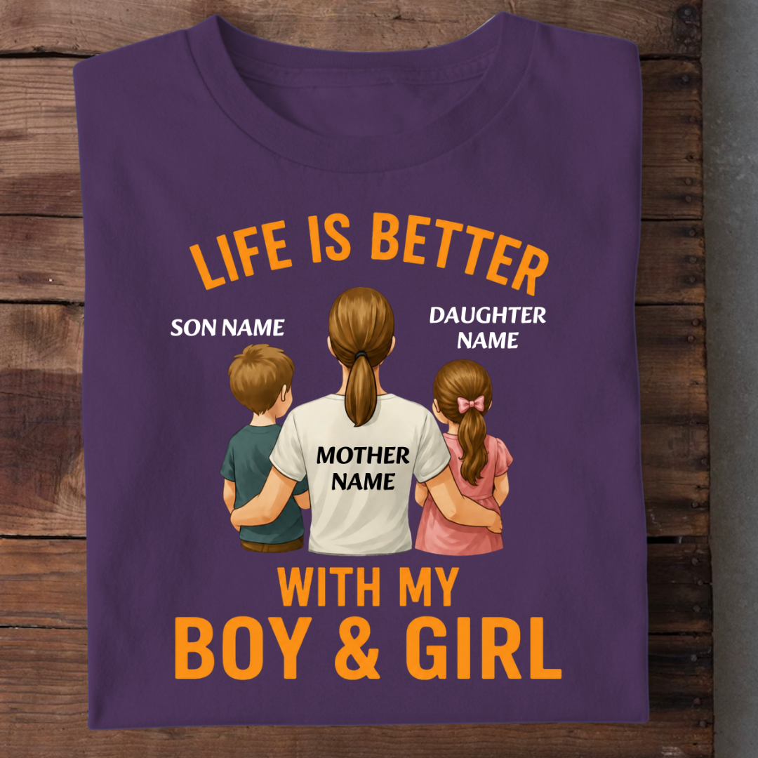 MOTHER LIFE WITH BOY GIRL CUSTOMIZED TEE
