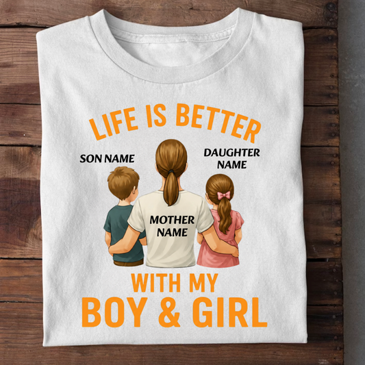 MOTHER LIFE WITH BOY GIRL CUSTOMIZED TEE