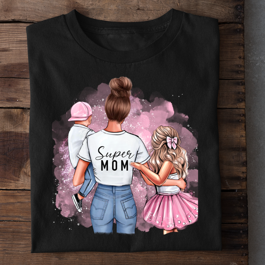 SUPER MOM WITH DAUGHTER SON BLACK SHIRT