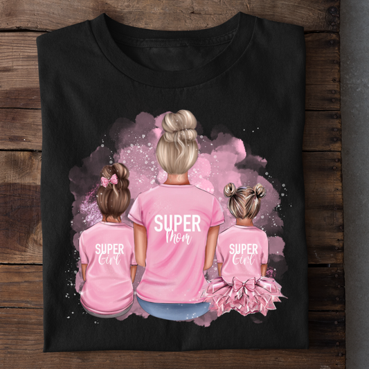 SUPER MOM WITH SUPER GIRLS BLACK SHIRT