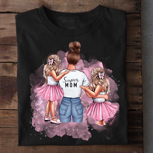 SUPER MOM WITH TWO DAUGHTER BLACK SHIRT